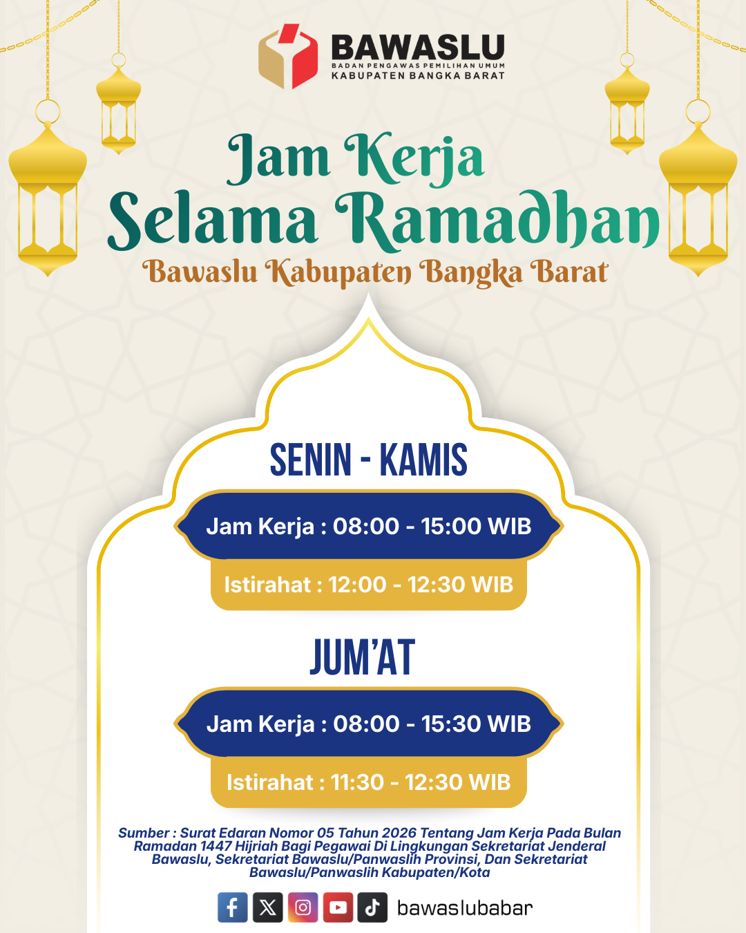 Penyesuaian Jam Kerja Bawaslu Bangka Barat Selama Ramadan 1447 H